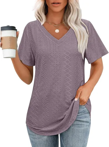 Vista 29 de OFEEFAN Camisetas básicas de manga corta con cuello en V para mujer, ajuste holgado, con dobladillo curvado B-verde