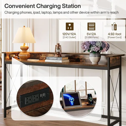 Vista 6 de Tribesigns Mesa de sofá con tomas de corriente y puertos USB, mesa consola extra larga de 70.9 pulgadas detrás del sofá con estación de carga, mesa