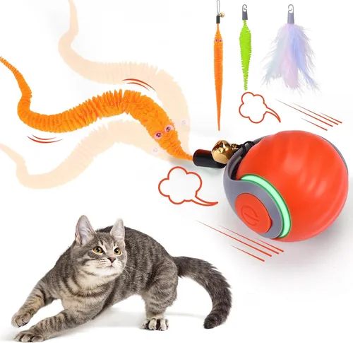 Vista 8 de BABORUI Paquete de 2 bolas interactivas azules de juguete para gatos, juguetes interactivos automáticos para gatos de interior con 3 colas, 2