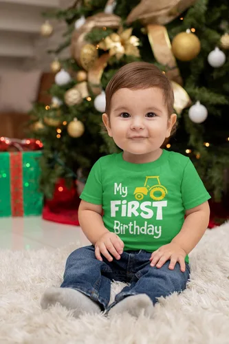 Vista 2 de Traje para niño de primer cumpleaños con camisa de mi primer tractor para construcción de un año