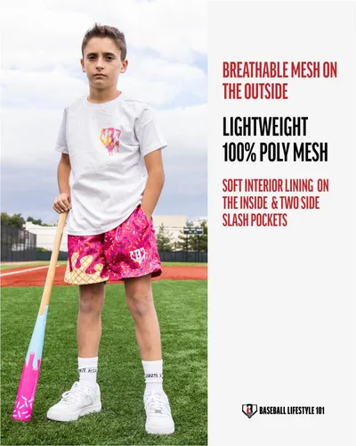 Vista 5 de Baseball Lifestyle 101 Ice Cream - Pantalones cortos de malla para jóvenes, fresa, entrepierna de 5 pulgadas, bolsillos laterales, cintura elástica