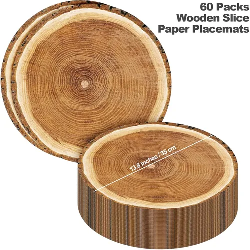 Vista 2 de durony Paquete de 60 manteles individuales de papel de madera de 13.8 pulgadas desechables de grano de madera rústica, manteles redondos