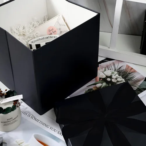 Vista 5 de RUSPEPA Caja de regalo mediana negra con tapas, cinta y papel de seda, caja de regalo plegable perfecta para cumpleaños, graduación, día del padre