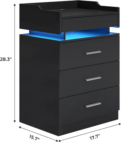 Vista 2 de HAUOMS Mesita de noche grande con estación de carga y luz LED, mesa auxiliar con 3 cajones y estante extraíble, mesita de noche con puertos USB