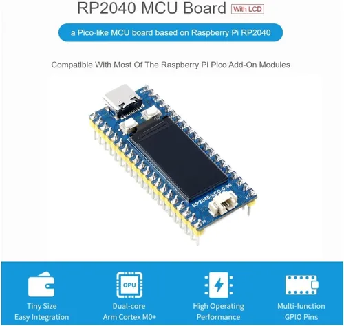 Vista 3 de RP2040-LCD-0.96-M Mini Board MCU de alto rendimiento similar a Pico-Like con cabecera pre-soldada basada en el microcontrolador Raspberry Pi RP2040