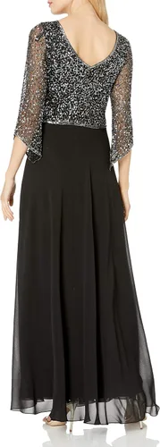 Vista 4 de J Kara Vestido largo de manga 3/4 con cuello en V y cuentas para mujer Negro/Arma/Mercurio