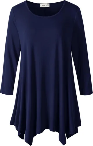 Vista 13 de LARACE - Camisa de talla extragrande para mujer, camisa tipo túnica con manga 3/4, ajuste holgado, ropa básica para mujer 2-negro_cuadros
