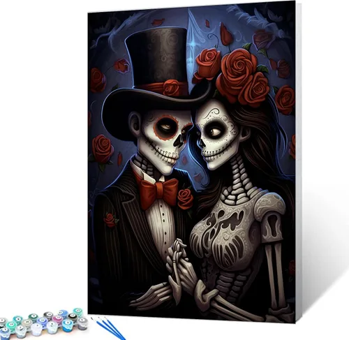 Vista 19 de Tucocoo Decoración del Día de los Muertos, pintura por números, esqueleto para parejas, pintura por números sobre lienzo con pinceles y pigmento