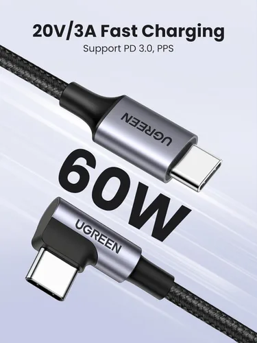 Vista 3 de Cable Ugreen USB C a USB C de 60 W, ángulo recto de 90 grados tipo C de 3.3 pies, cable USB C a USB C de 60 W de 90 grados tipo C para iPhone 17/16