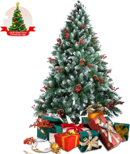 Vista 2 de AGM Árbol de Navidad artificial de 7 pies con soporte de metal plegable, cono de pino y fruta roja, árboles de nieve flocados de 7 pies de alto