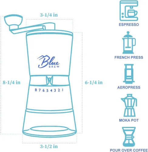 Vista 7 de Blue Brew Molinillo de café manual, molinillo de café manual con rebabas de cerámica y 15 grosores ajustables, 2 tarros de vidrio herméticos