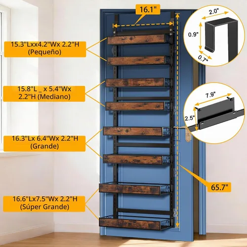 Vista 2 de Orangizer 2 en 1 de 8 niveles para colgar o colgar en la pared con cesta de madera ajustable, estante de almacenamiento de condimentos resistente