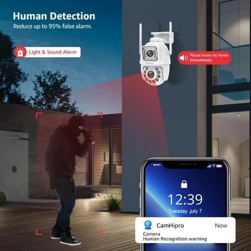 Vista 7 de BOAVISION Paquete de 2 cámaras de seguridad WiFi 2.4G/5G para exteriores, PTZ inalámbrica de lente dual, vista de 360°, seguimiento humano con IA