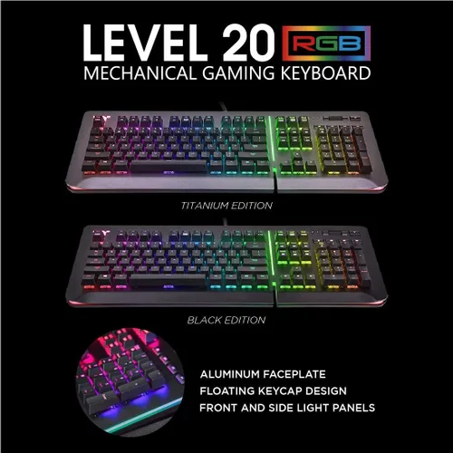 Vista 2 de Thermaltake Teclado para juegos de aluminio titanio RGB Nivel 20 Cherry MX Interruptores plateados, 16.8M Color RGB, 32 opciones de zona