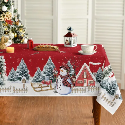 Vista 13 de Horaldaily Mantel de Navidad rectangular de 52 x 70 pulgadas, casa de muñeco de nieve de invierno, árboles de Navidad, color negro, lavable