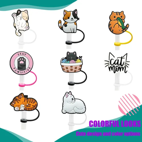 Vista 8 de 8 fundas de popote para popotes reutilizables, lindo estilo gato, tapas de popote de silicona para vasos, cubierta para popote Stanley, fundas