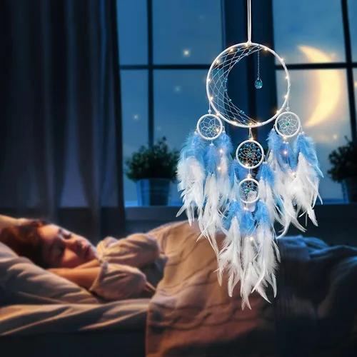 Vista 4 de KHOYIME Atrapasueños LED con luz de medio círculo con luna, luces, plumas hechas a mano, atrapasueños para dormitorio, decoración bohemia
