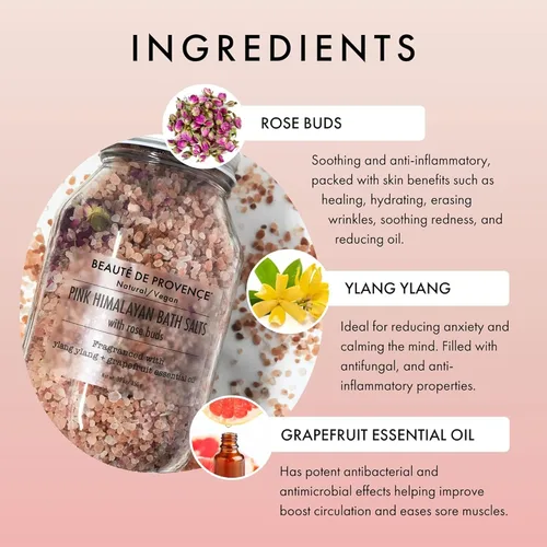 Vista 3 de Beaute DE Provence Sal de baño rosa del Himalaya con pétalos de rosa, aromaterapia y relajación 100% natural, sales de baño de aceite esencial