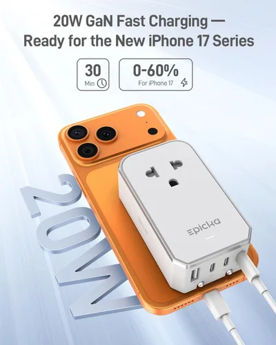 Vista 2 de EPICKA Adaptador de viaje universal Air 20W PD&QC con 1AC/3USB-C/1USB-A Adaptador de enchufe de tamaño compacto y delgado para EE. UU., UE, Reino