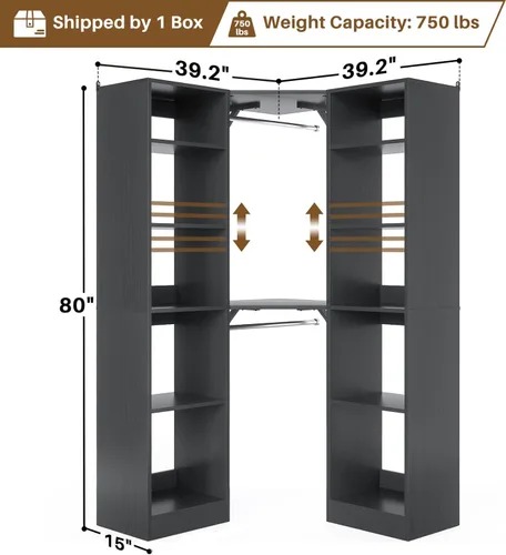Vista 7 de Besiost Sistema de Armario de Esquina con 12 Estantes, Organizador de Armario de Esquina de 39.2" con 2 Varillas para Colgar, Armarios Walk-in Negro