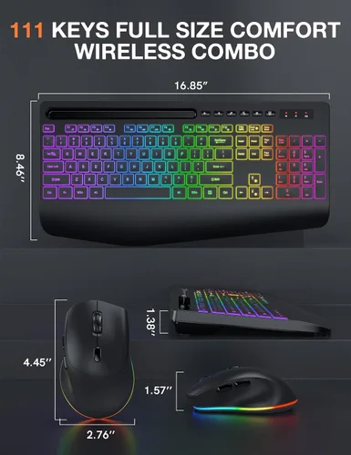 Vista 9 de Combo de teclado y mouse inalámbricos SABLUTE - 9 efectos retroiluminados, 2.4 GHz Ergo Wrist Rest, Phone Holder, Full Size, Rechargeable, Sleep