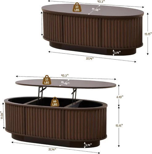 Vista 2 de Mesa auxiliar ovalada de 43.3 pulgadas con almacenamiento, mesa de centro acanalada con parte superior elevable, mesa central moderna de mediados