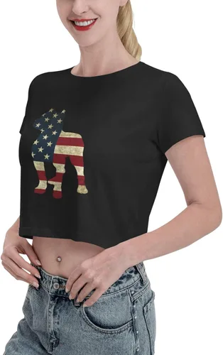 Vista 4 de Patriotic-Pitbull-American-Flag Womens Short Sleeve Cotton Crew-Neck Crop Top Basic T-Shirt