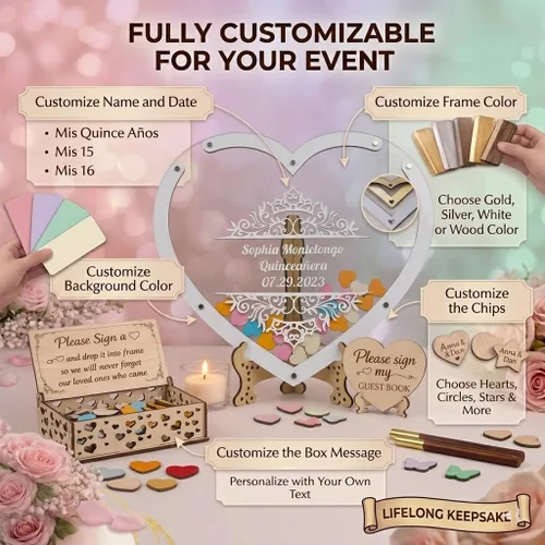 Vista 4 de Libro de Firmas Alternativo para Quinceañera – Caja de Firmas para el Día de los 15 Años – Libro de Invitados Personalizado para Quinceañera