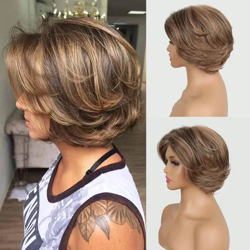 Vista 10 de Aisaide Peluca Corta de Corte Pixie Gris Platino con Flequillo de Cortina Bob para Mujeres - Peluca Sintética con Raya Lateral Despeinada