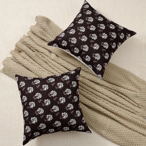 Vista 2 de Juego de 2 fundas de almohada de lino de algodón con flores, fundas de cojín decorativas de estilo pastoral de impresión en bloque de 45 x 45 cm