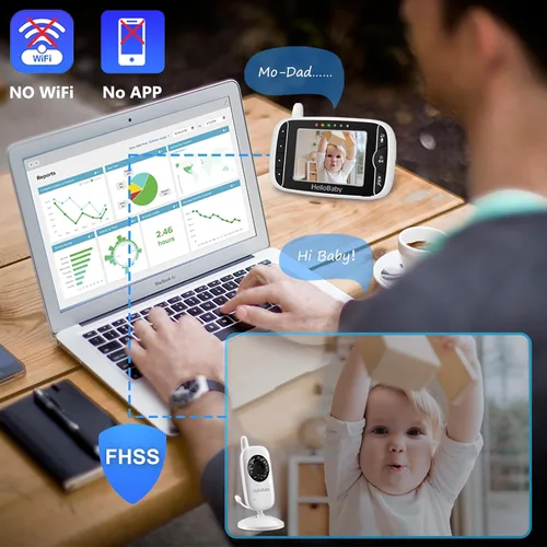 Vista 3 de HelloBaby Monitor de video para bebés con cámara y audio, pantalla LCD de 3.2 pulgadas, visión nocturna infrarroja, audio bidireccional y monitoreo