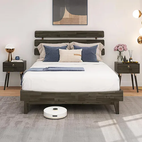 Vista 18 de Bme Caden - Base de cama de 15 pulgadas con cabecera ajustable, estilo retro de mediados de siglo, con madera de acacia, no necesita somier, 12