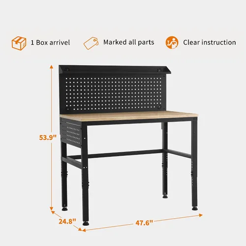 Vista 3 de MCombo Banco de trabajo ajustable con mesa de madera maciza para garaje, mesa de trabajo de acero con 2 tableros de clavijas Bench48 (negro)