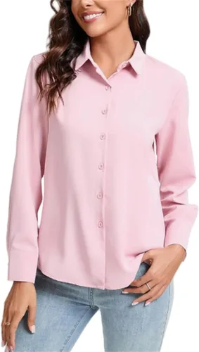 Vista 9 de Camisas con botones para mujer, ajuste delgado, manga larga, elástica, para negocios, casual, de manga larga