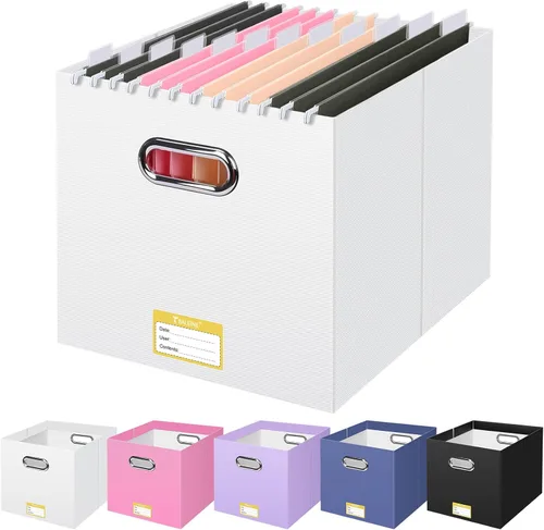 Vista 23 de BALEINE Caja organizadora de archivos, organizador de carpetas de archivos de cartón con asa para tamaño carta, caja de archivos plegable portátil