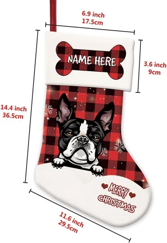 Vista 2 de Foto personalizada, Feliz Navidad, búfalo rojo, a cuadros, feliz perro, calcetín de Navidad, copo de nieve, decoración de vacaciones, calcetín