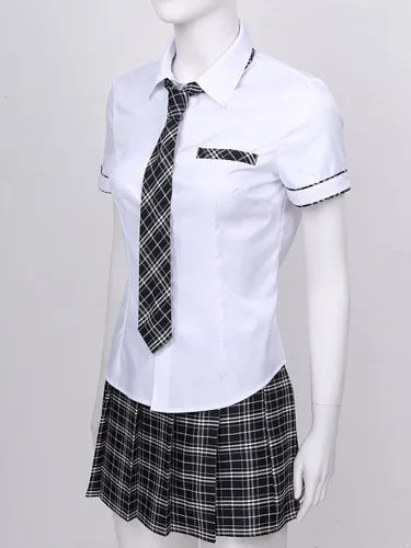 Vista 5 de Yanarno Conjunto de 2 piezas para mujer, conjunto de camisa de manga con falda a cuadros