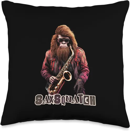 Vista 4 de Bigfoot Believer Squatch Yeti Special Tee Co Sasquatch Tee Funny Bigfoot Playing Saxophone Player Throw Pillow, 18x18, Multicolor
