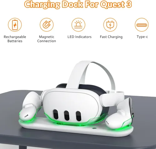 Vista 2 de D.Gruoiza Estación de carga VR para OculusMeta Quest 3, indicador LED de carga carga simultáneamente auriculares y controlador táctil, con 2