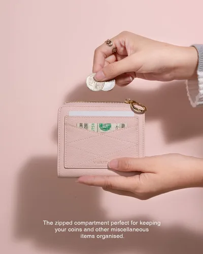 Vista 3 de Billetera de cuero para mujer, con bloqueo RFID, plegable, pequeña, compacta, con cremallera, bolsillo con cremallera, estuche para tarjetas de gran