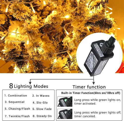 Vista 3 de 800 luces LED decorativas de Navidad para interiores y exteriores, 8 modos, impermeable, enchufable, alambre transparente, cadena de luces