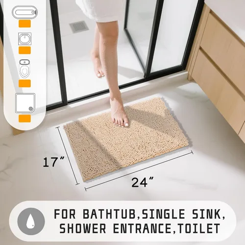 Vista 2 de Yimobra Tapetes de baño lavables, de chenilla súper suave y absorbente, para suelo y alfombra, de secado rápido, antideslizante, para bañera y Beige