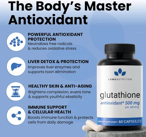 Vista 8 de Luma Nutrition Suplemento premium de glutatión - 500 mg - L-glutatión - Soporte antioxidante - Reducido - Soporte hepático - 60 cápsulas