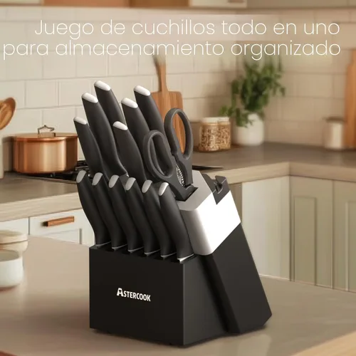 Vista 7 de Astercook Juego de cuchillos, cuchillos de cocina con bloque y afilador, revestimiento de cerámica, 15 unidades, cuchillos alemanes de acero
