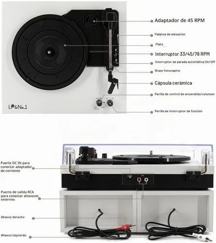 Vista 9 de Reproductores de discos de vinilo con 2 altavoces externos y tocadiscos Bluetooth, color blanco 01-Cuero blanco