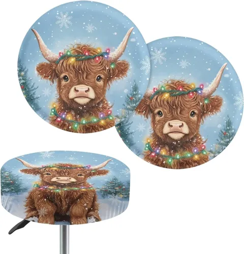 Vista 32 de Juego de 2 fundas redondas para taburetes de Navidad, color azul, diseño de ciervos de Navidad, fundas de cojín elásticas para taburetes de silla