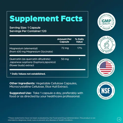 Vista 7 de Cápsulas de glicinato de magnesio 400 mg con quercetina, sueño de calidad, relajación, salud muscular y ósea y apoyo inmunológico, para hombres