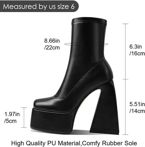 Vista 5 de Uacllcau Botas de plataforma para mujer, botas de media pantorrilla, punta cuadrada, botas de tacón alto grueso con cremallera lateral