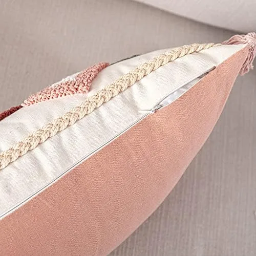 Vista 2 de Bonita funda de almohada lumbar tejida de algodón rosa con borlas y diamantes étnicos bohemios indios con borlas, funda de cojín acogedora
