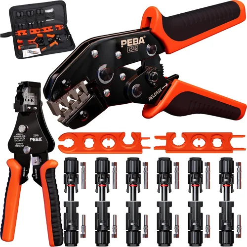 Vista 10 de PEBA Kit de herramientas de prensado, crimpadora solar para cable de panel solar AWG 16-10, con 6 pares de conectores solares IP68 y 1 par de llave